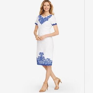 Talbots Linen Sheath Dress White‎ Blue Embroidered Women's Size 6 Short Sleeves